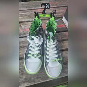 High-Top Sneakers in Neon Green & Black with Skull Accent